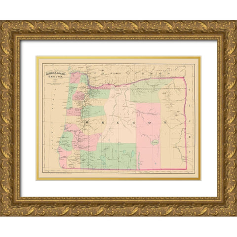 Oregon - Asher and Adams 1874 Gold Ornate Wood Framed Art Print with Double Matting by Asher