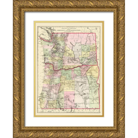 Oregon, Washington - Bradley 1887 Gold Ornate Wood Framed Art Print with Double Matting by Bradley