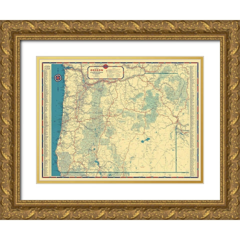 Oregon - Gousha 1935 Gold Ornate Wood Framed Art Print with Double Matting by Gousha
