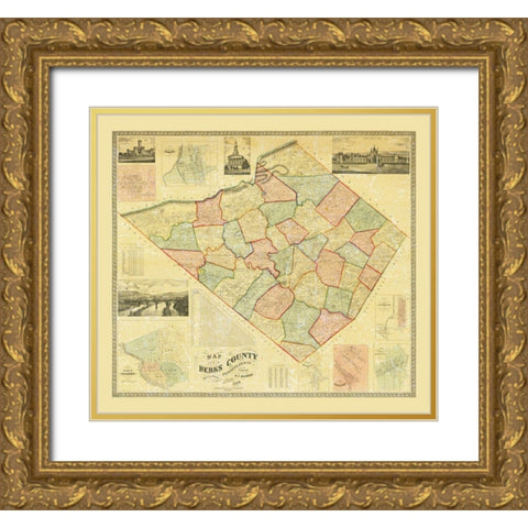 Berks County Pennsylvania - Bridgens 1860 Gold Ornate Wood Framed Art Print with Double Matting by Bridgens