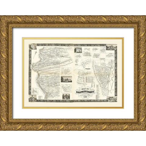 Dauphin County Pennsylvania - Barker 1858 Gold Ornate Wood Framed Art Print with Double Matting by Barker