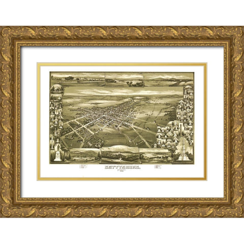 Gettysburg Pennsylvania - Downs 1888 Gold Ornate Wood Framed Art Print with Double Matting by Downs