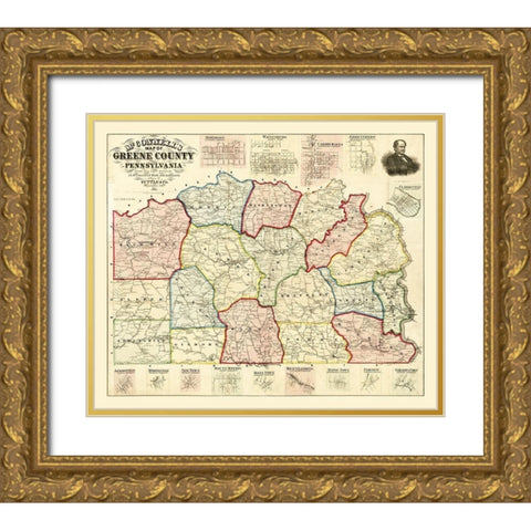 Greene County Pennsylvania - McConnell 1865 Gold Ornate Wood Framed Art Print with Double Matting by McConnell