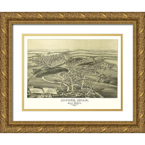 Miners Mills Mill Creek Pennsylvania - Fowler 1892 Gold Ornate Wood Framed Art Print with Double Matting by Fowler