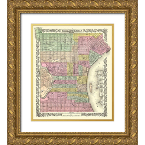 Philadelphia Pennsylvania - Colton 1855 Gold Ornate Wood Framed Art Print with Double Matting by Colton