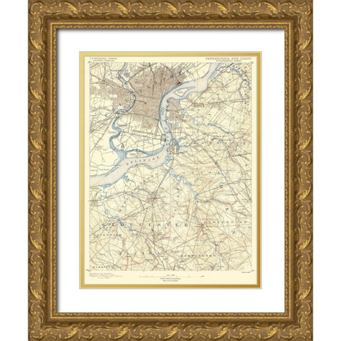 Philadelphia Pennsylvania New Jersey Quad Gold Ornate Wood Framed Art Print with Double Matting by USGS