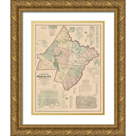 Pike County Pennsylvania - Beers 1872 Gold Ornate Wood Framed Art Print with Double Matting by Beers