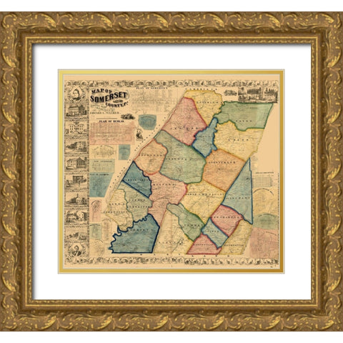 Somerset County Pennsylvania - Walker 1860 Gold Ornate Wood Framed Art Print with Double Matting by Walker