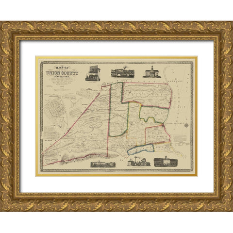 Union County Pennsylvania - Pasehall 1856 Gold Ornate Wood Framed Art Print with Double Matting by Pasehall