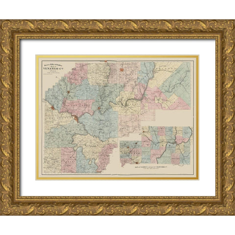 Venango County Pennsylvania - Beers 1865 Gold Ornate Wood Framed Art Print with Double Matting by Beers
