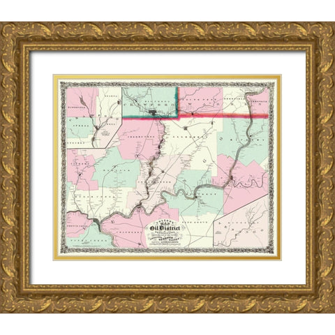 Oil District In Pennsylvania with Landowners 1865 Gold Ornate Wood Framed Art Print with Double Matting by Colton