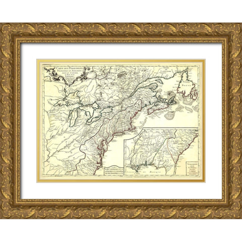 English French Possessions Canada Louisiana - 1756 Gold Ornate Wood Framed Art Print with Double Matting by Unknown