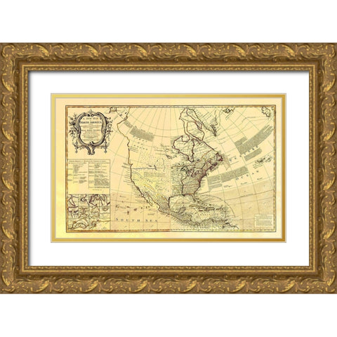 North America with West India Islands Gold Ornate Wood Framed Art Print with Double Matting by D''Anville