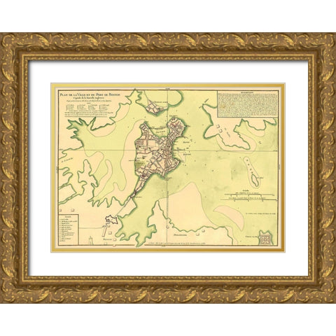 City Plan Port of Boston - Bellin 1735 Gold Ornate Wood Framed Art Print with Double Matting by Bellin