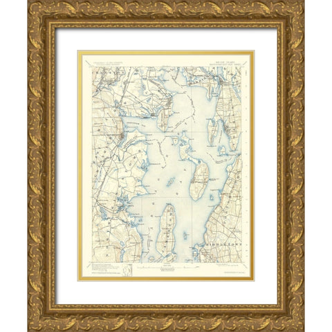 Narragansett Rhode Island Sheet - USGS 1892 Gold Ornate Wood Framed Art Print with Double Matting by USGS