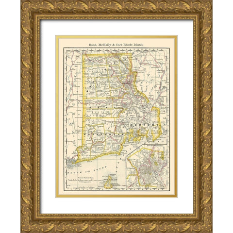 Rhode Island - Rand McNally 1879 Gold Ornate Wood Framed Art Print with Double Matting by Rand McNally