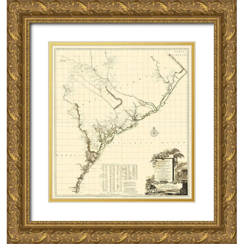 South Carolina, Part of Georgia - Jefferys 1757 Gold Ornate Wood Framed Art Print with Double Matting by Jefferys