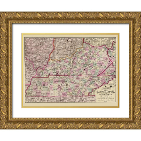 Kentucky and Tennessee Railroads and Townships Gold Ornate Wood Framed Art Print with Double Matting by Cram