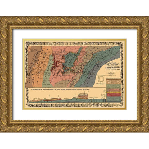 Tennessee Outline Geographical - Mendenhall 1866 Gold Ornate Wood Framed Art Print with Double Matting by Mendenhall