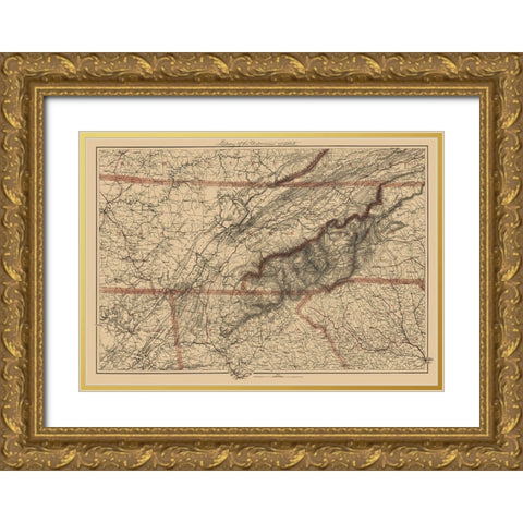 Eastern Tennessee, Parts of Adjoining States 1865 Gold Ornate Wood Framed Art Print with Double Matting by Krebs