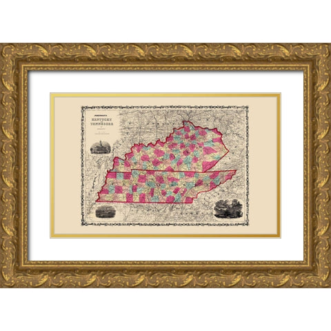 Kentucky, Tennessee - Johnson 1860 Gold Ornate Wood Framed Art Print with Double Matting by Johnson