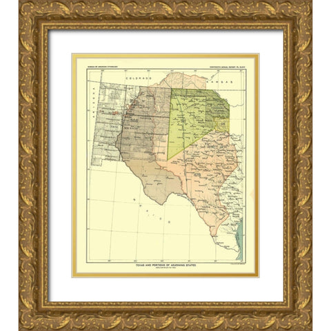 Texas - Adjoining States - Hoen 1896 Gold Ornate Wood Framed Art Print with Double Matting by Hoen