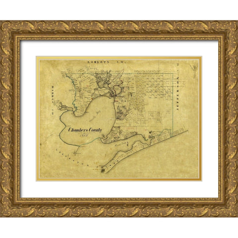 Chambers County Texas - Bieberstein 1862 Gold Ornate Wood Framed Art Print with Double Matting by Bieberstein