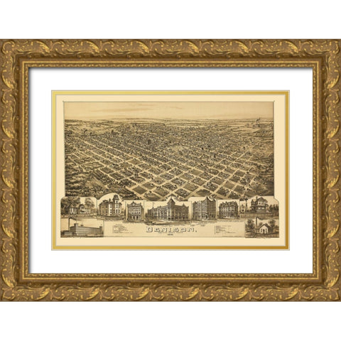 Denison Texas - Fowler 1891 Gold Ornate Wood Framed Art Print with Double Matting by Fowler