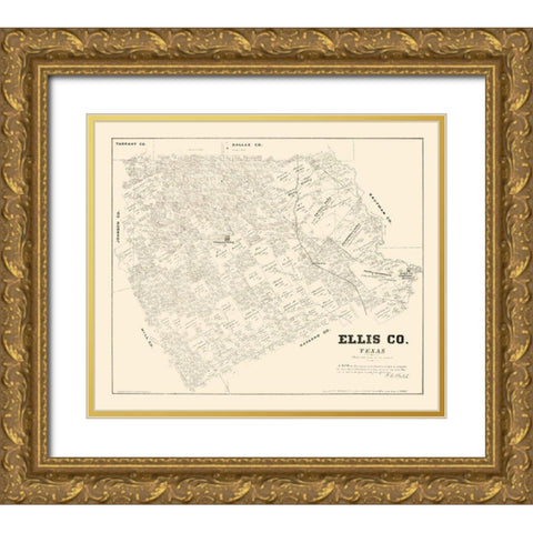 Ellis County Texas - Walsh 1879 Gold Ornate Wood Framed Art Print with Double Matting by Walsh