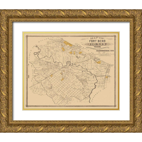 Fort Bend Texas Landowner - Land Office 1882 Gold Ornate Wood Framed Art Print with Double Matting by Land Office
