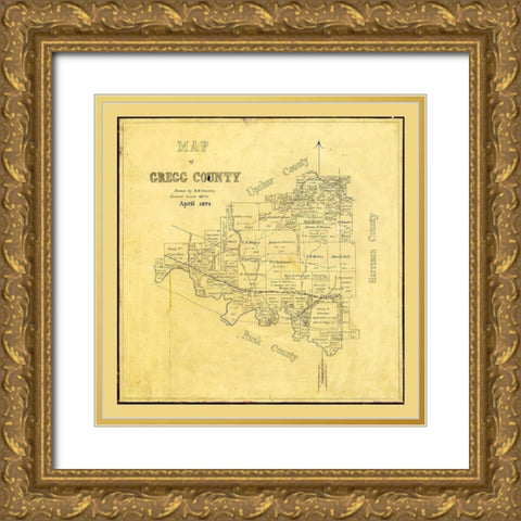 Gregg County Texas - Cousins 1874 Gold Ornate Wood Framed Art Print with Double Matting by Cousins
