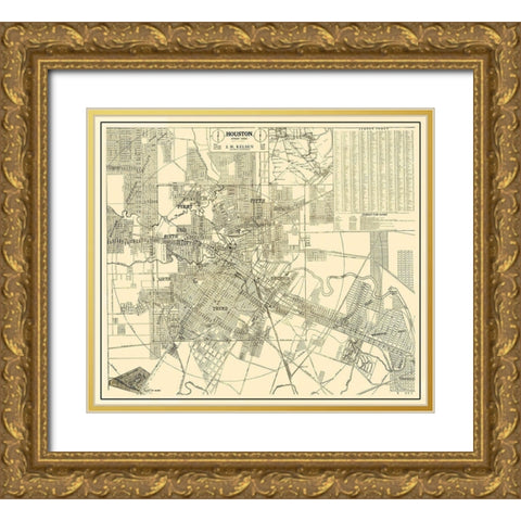 Houston Texas Street Guide - Kelsen 1913 Gold Ornate Wood Framed Art Print with Double Matting by Kelsen