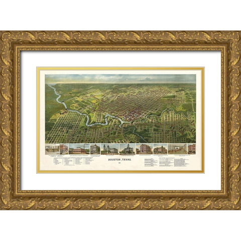 Houston Texas - 1891 Gold Ornate Wood Framed Art Print with Double Matting by Unknown