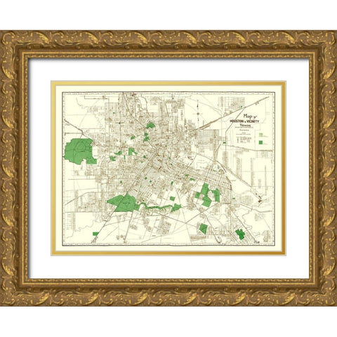 Houston Texas - Evans 1937 Gold Ornate Wood Framed Art Print with Double Matting by Evans
