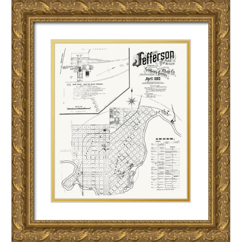 Jefferson Texas - Sanborn 1890 Gold Ornate Wood Framed Art Print with Double Matting by Sanborn