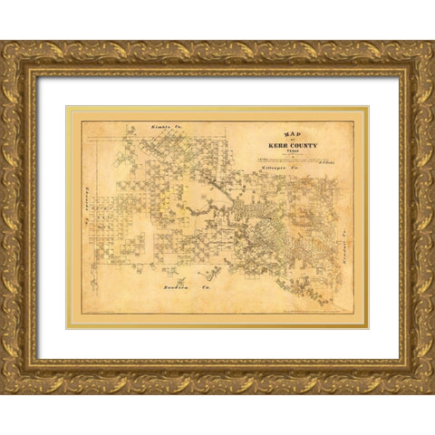 Kerr County Texas - Walsh 1879 Gold Ornate Wood Framed Art Print with Double Matting by Walsh