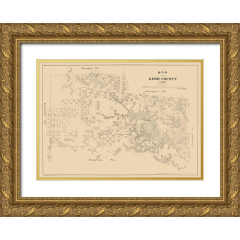 Kerr County Texas - Walsh 1879 Gold Ornate Wood Framed Art Print with Double Matting by Walsh