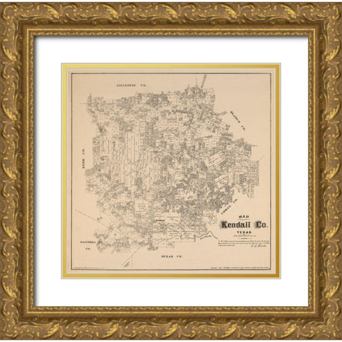 Kendall County Texas - Walsh 1879 Gold Ornate Wood Framed Art Print with Double Matting by Walsh
