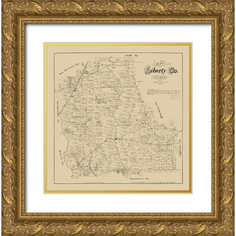Liberty County Texas - Walsh 1879 Gold Ornate Wood Framed Art Print with Double Matting by Walsh