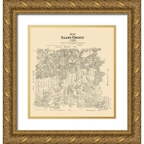Llano County Texas - Walsh 1879 Gold Ornate Wood Framed Art Print with Double Matting by Walsh