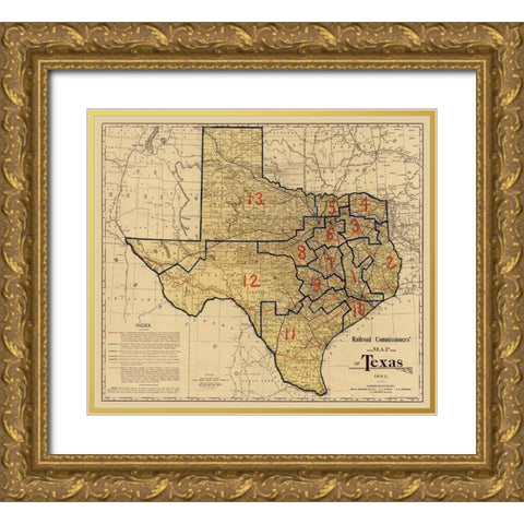 Railroad Commissioners Map of Texas -1897 Gold Ornate Wood Framed Art Print with Double Matting by Unknown