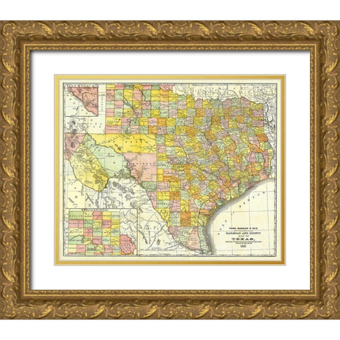Texas Railroads and Counties - Rand McNally 1882 Gold Ornate Wood Framed Art Print with Double Matting by Rand McNally