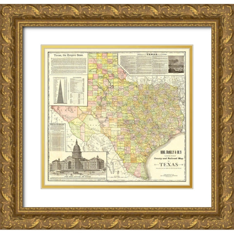 Texas Counties and Railroads - Rand McNally 1891 Gold Ornate Wood Framed Art Print with Double Matting by Rand McNally