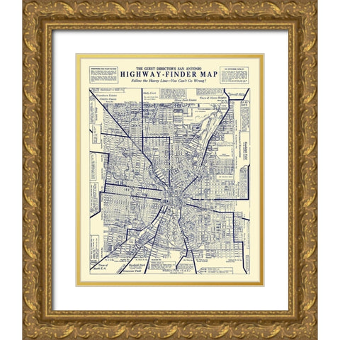 San Antonio Texas Highway Finder - 1929 Gold Ornate Wood Framed Art Print with Double Matting by Unknown