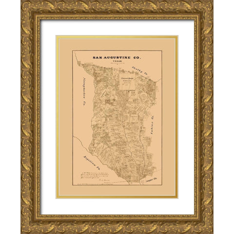 San Augustine County Texas - Walsh 1879 Gold Ornate Wood Framed Art Print with Double Matting by Walsh