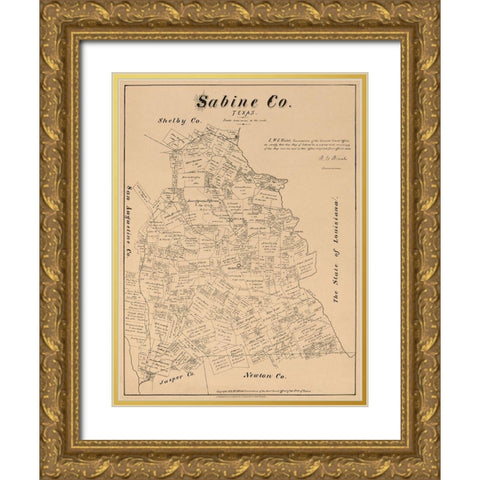 Sabine County Texas - Walsh 1879 Gold Ornate Wood Framed Art Print with Double Matting by Walsh