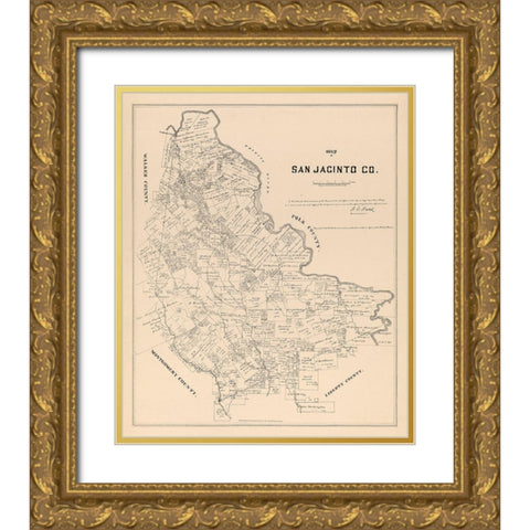 San Jacinto County Texas - Walsh 1879 Gold Ornate Wood Framed Art Print with Double Matting by Walsh