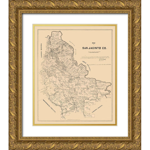 San Jacinto County Texas - Walsh 1879 Gold Ornate Wood Framed Art Print with Double Matting by Walsh
