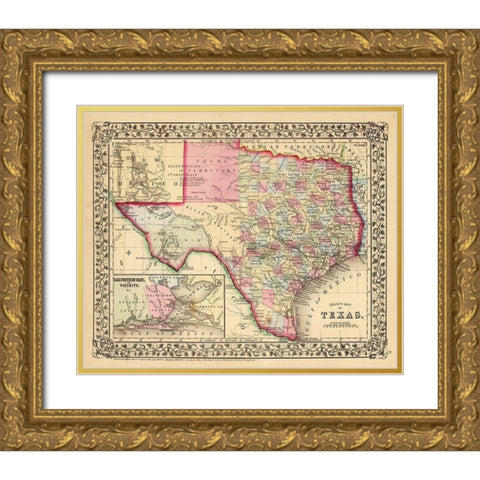 Texas County Map - Mitchell 1870 Gold Ornate Wood Framed Art Print with Double Matting by Mitchell