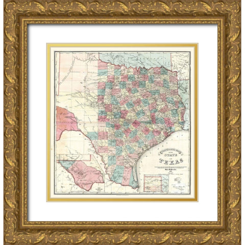 Travellers Map Texas - Pressler 1867 Gold Ornate Wood Framed Art Print with Double Matting by Pressler